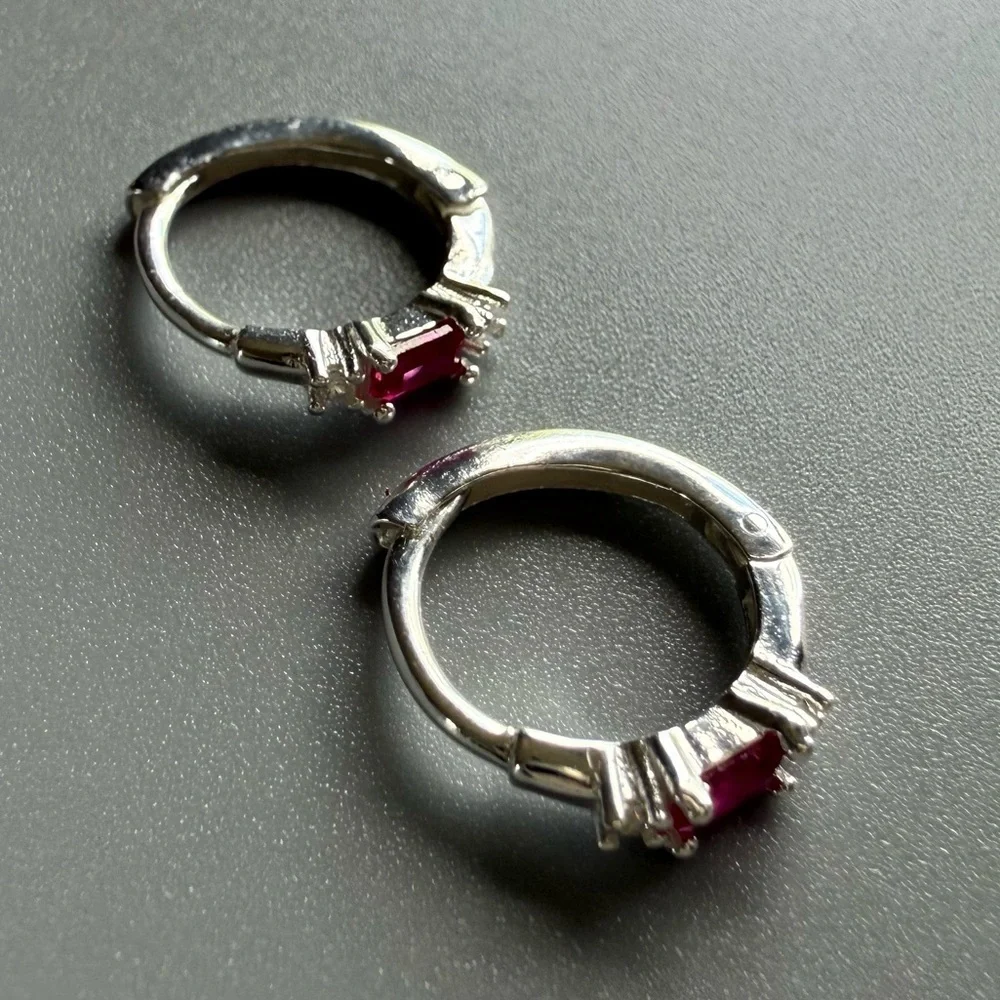 Sterling Silver Ruby Baguette Huggie Hoop Earrings 11mm
